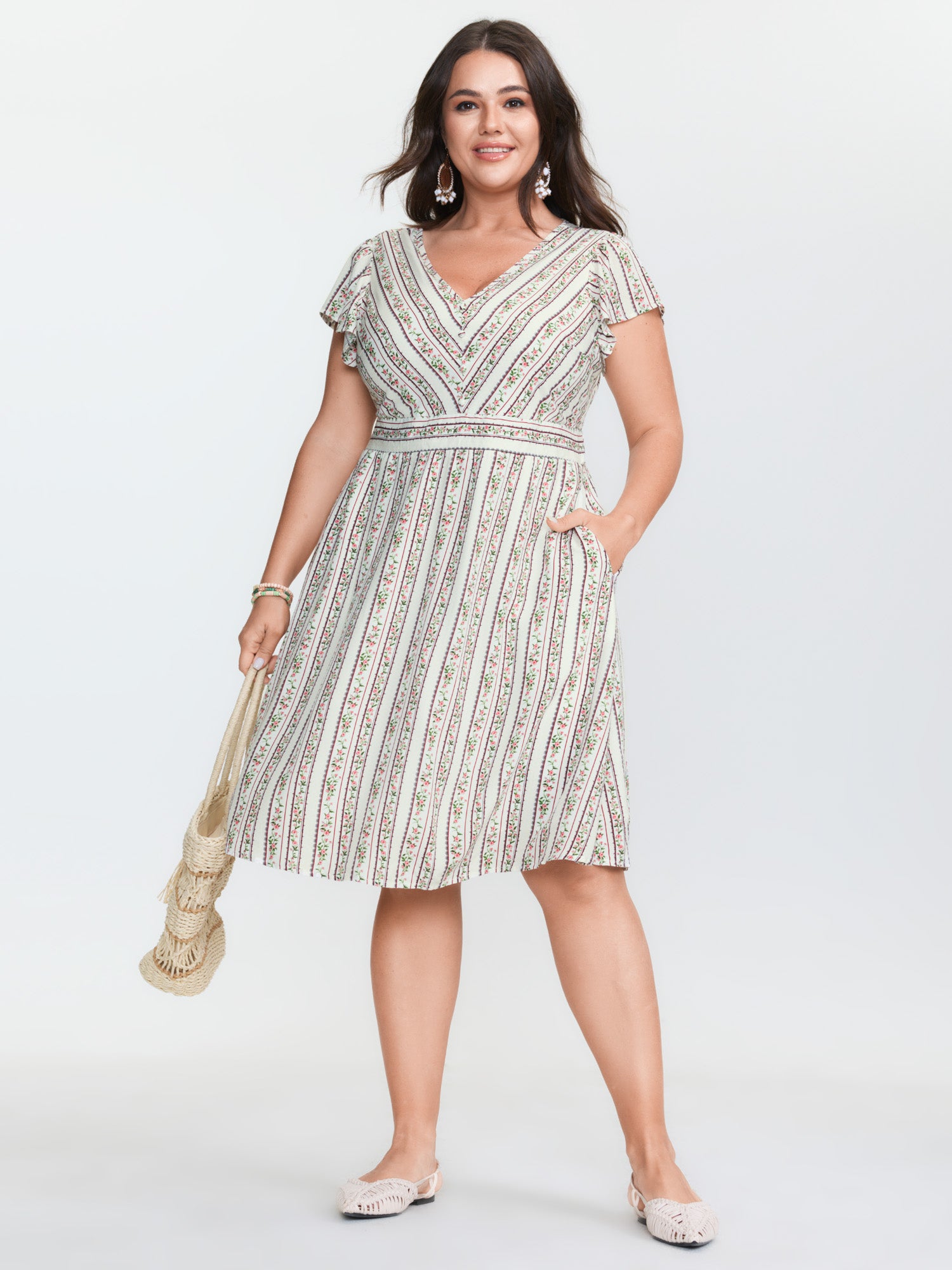 Floral Striped Print Pockets V-Neck Mini Dress
