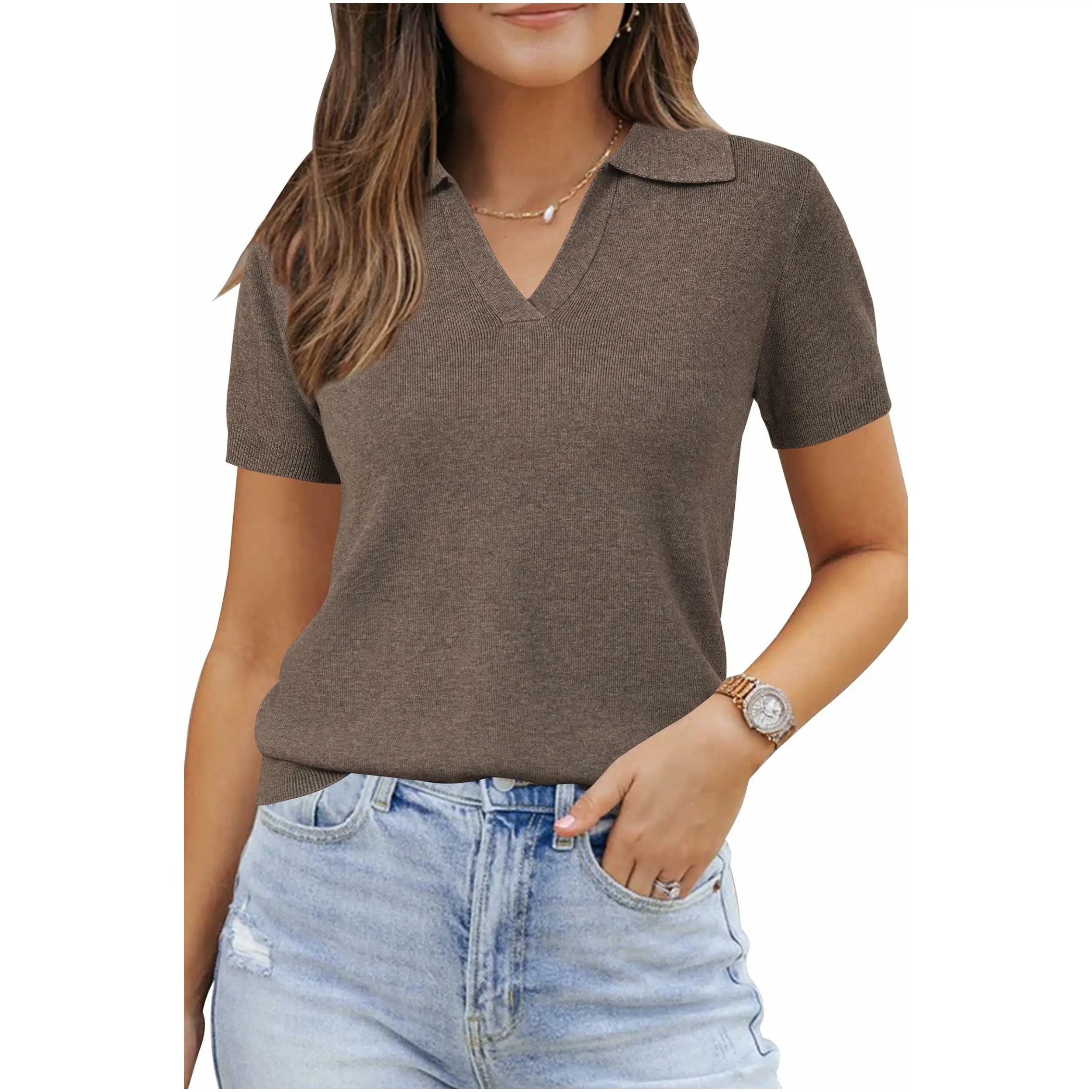 Women's Short Sleeve Wool Blend Polo Sweater