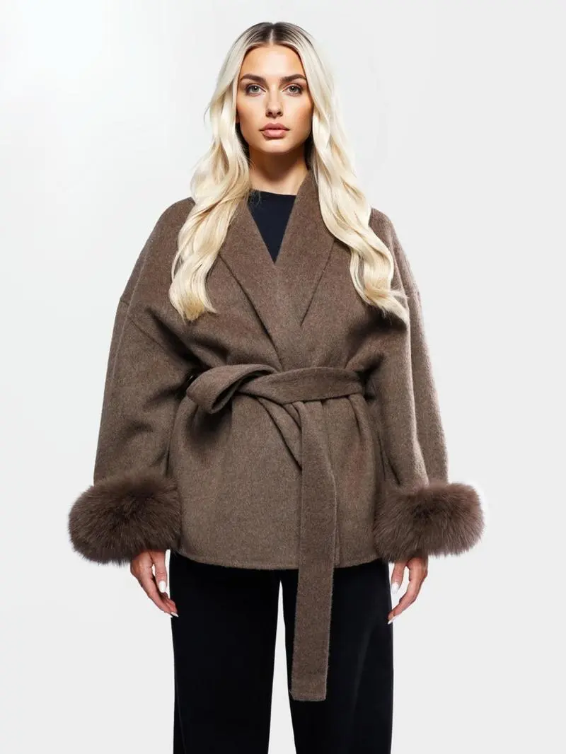 Women's Elegant Solid Color Waist Tie Plush Long Sleeve Thermal Wrap Coat