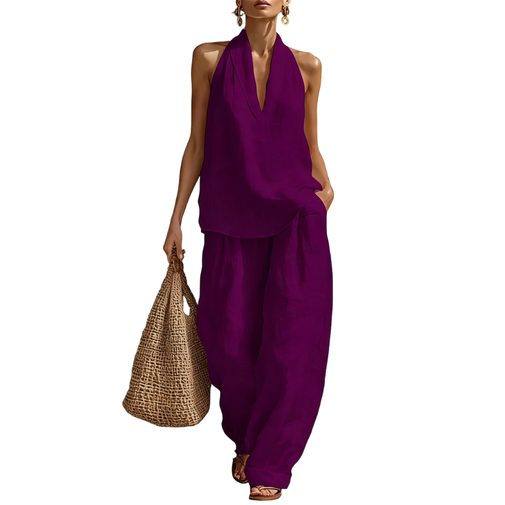 Women's Halter Neck Linen Two Piece Outfit – Casual Sleeveless Top and Wide Leg Pants Set