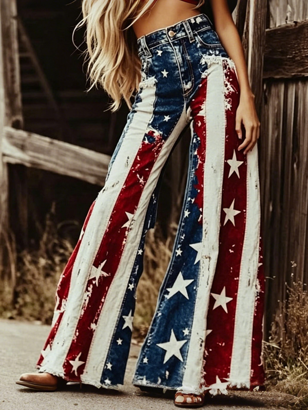 Women's Retro Frayed American Flag Star Stripe Print Casual Wide Leg Pants