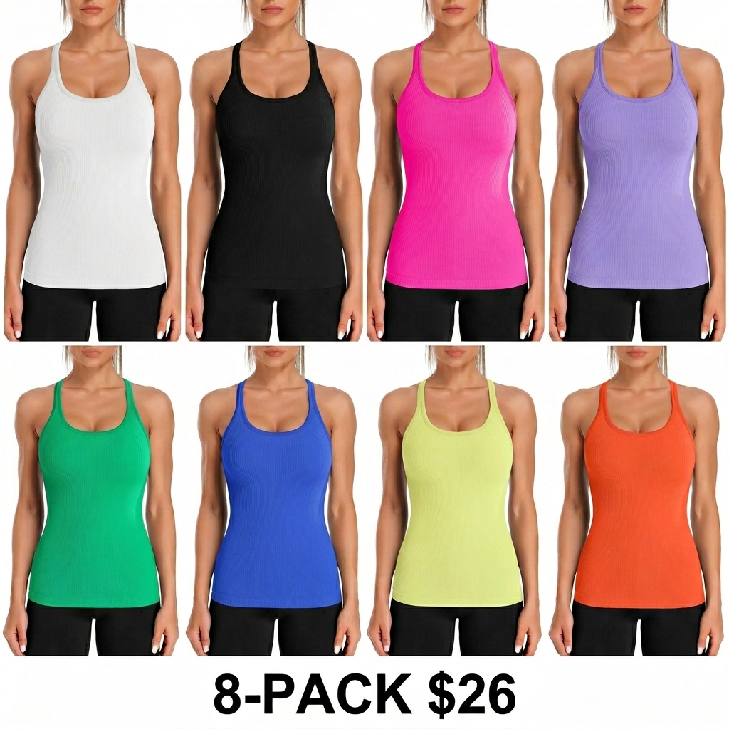 Women's Ribbed Workout Tank Top – Built-in Bra, Racerback, Scoop Neck