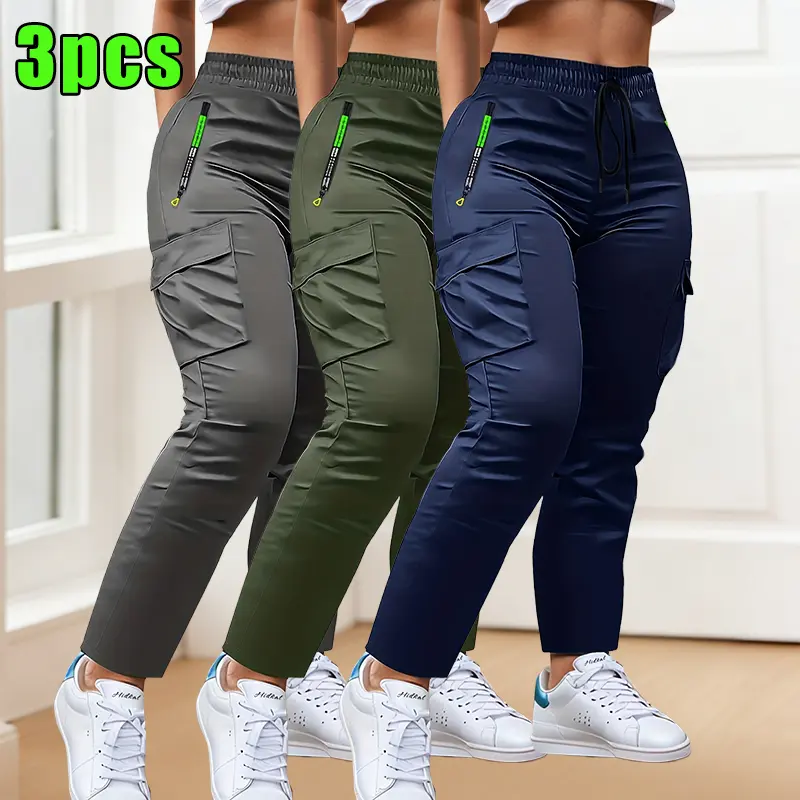 3-Pack women's multi-pocket thin overalls, four-season drawstring fashion pull-pocket design straight casual trousers