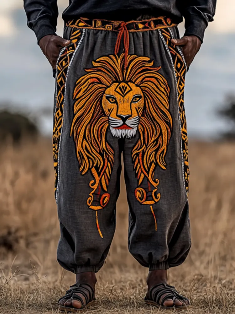 Men's Tribal African Lion Mask Art Geometric Comfortable Casual Loose Drawstring Waist Sweatpants