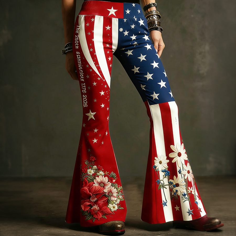 Ladies' Casual American Flag Flower Personalized Printed Flared Pants