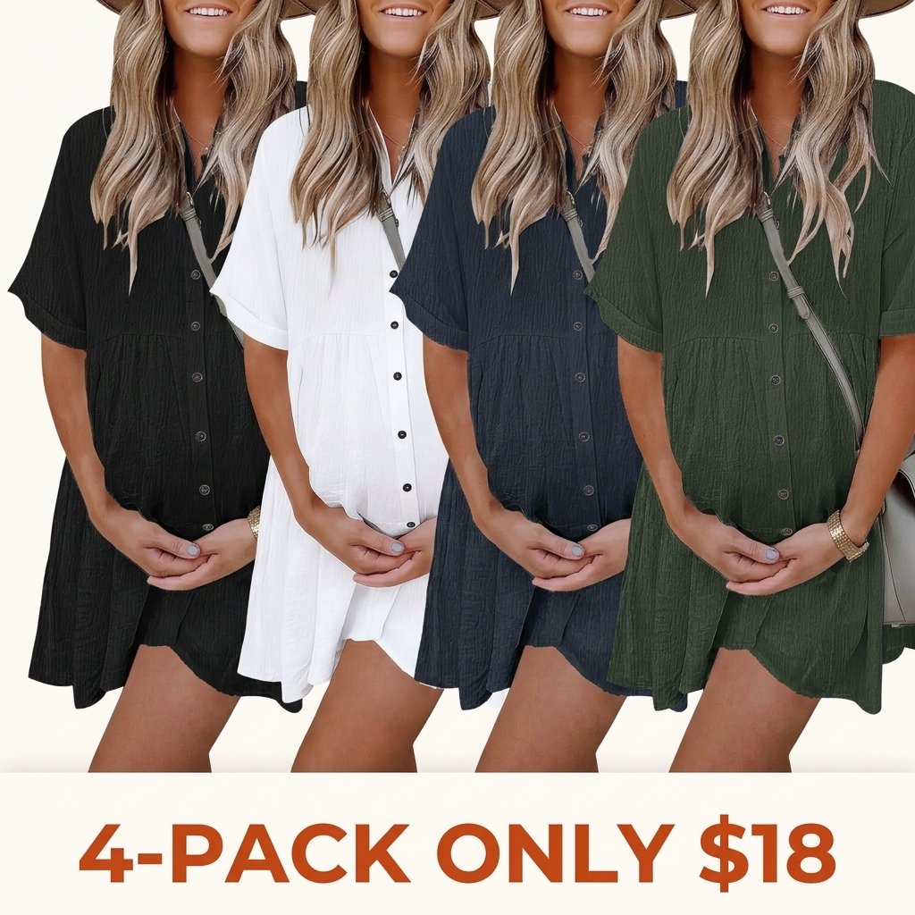 Women's Short-Sleeve Button-Front Textured Mini Dress – Loose, Flowy, Non-Clinging Fit with Pockets