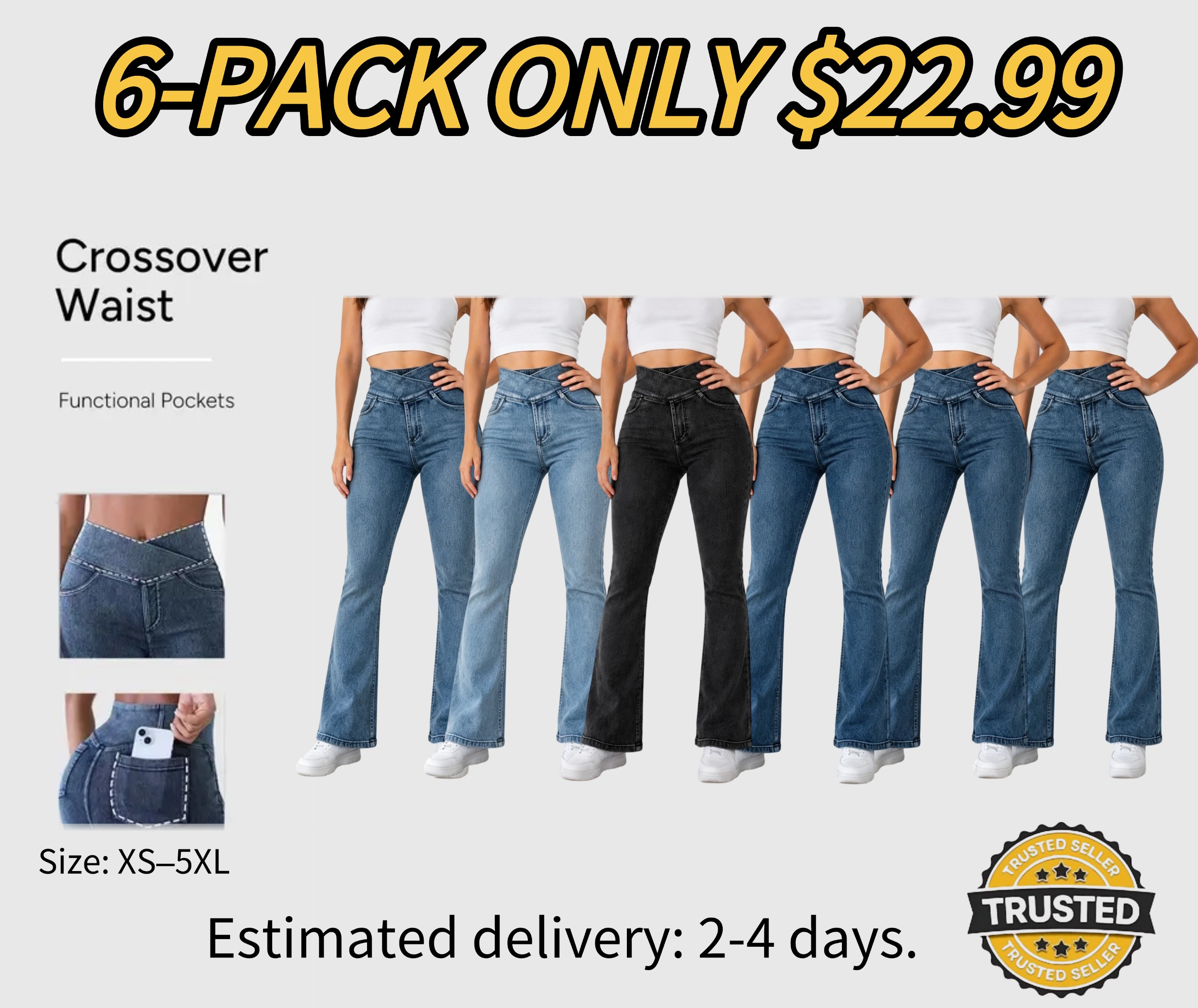 Women's High-Waisted Stretch Jeans with Crossover Design — Slim-Fit Flared Denim Leggings