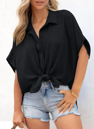 Women's Tops Dressy Casual V Neck Button Down Shirts Solid Short Sleeve Blouses Oversized Fit