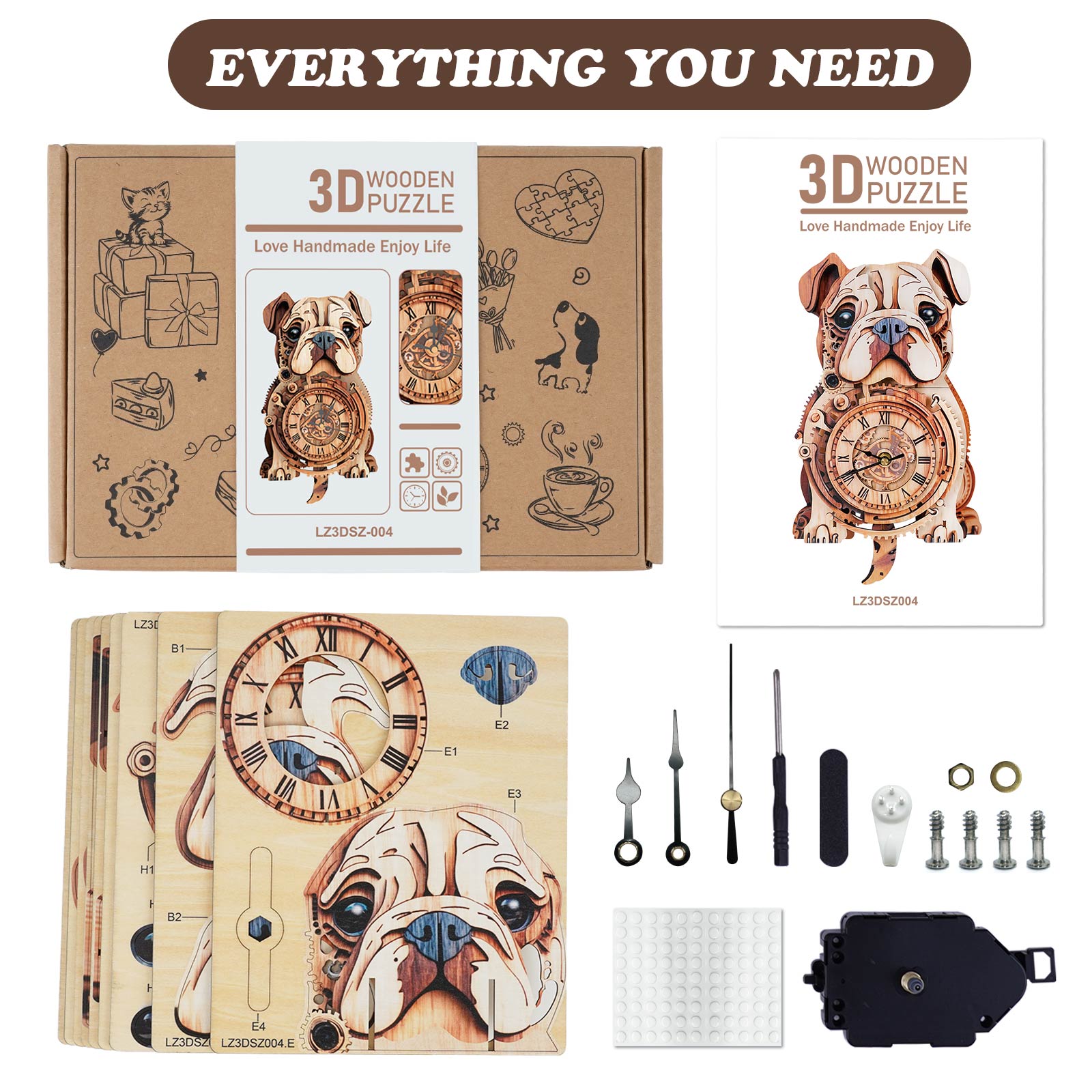 Bulldog DIY Wooden Clock, 3D Puzzle Craft Kit