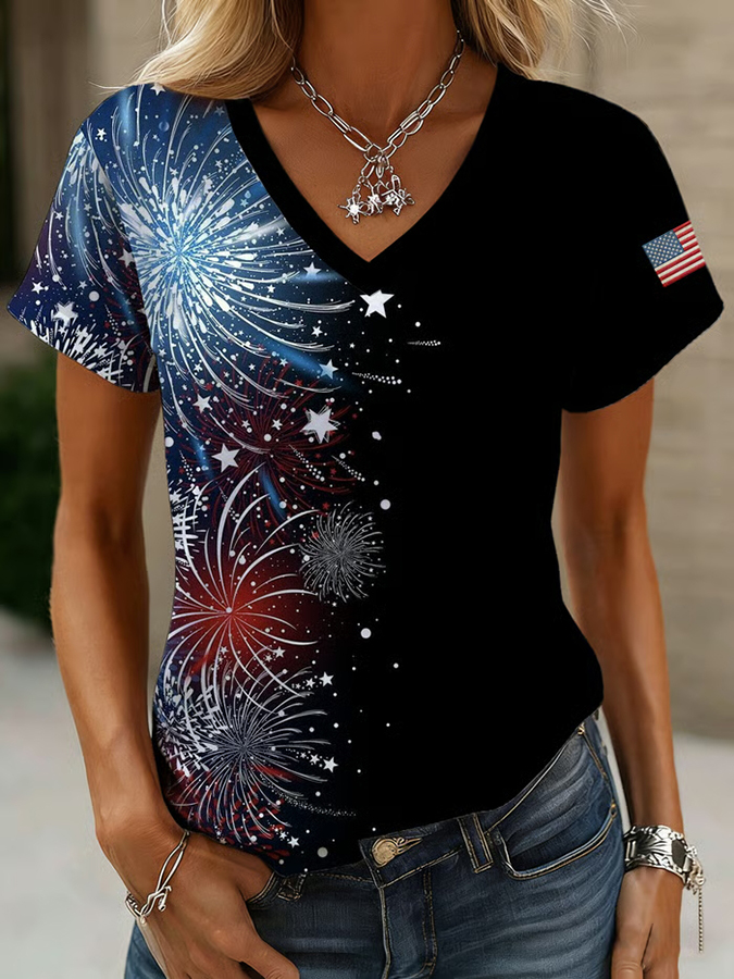 Ladies' Casual US National Day Gradient Brick Print V-Neck Short Sleeved T-Shirt