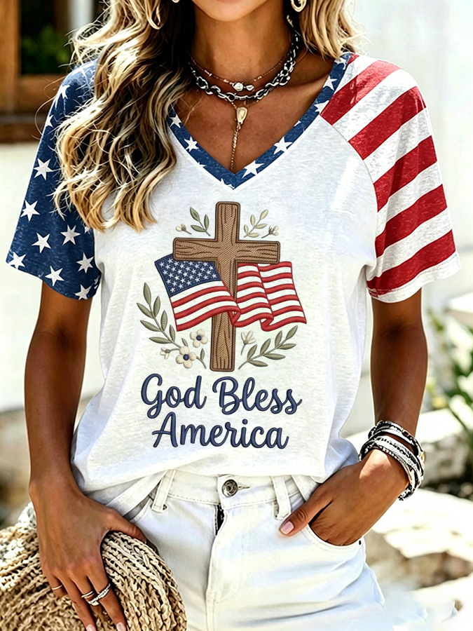 Women'S Retro Independence Day Printed Casual Short Sleeved T-Shirt