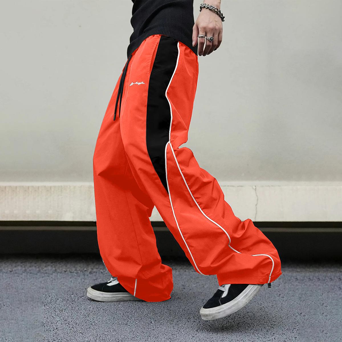 Men's High-Street Style Color-Block Spliced ​​Wide-Leg Pants with Side Stripes and Drawstrings
