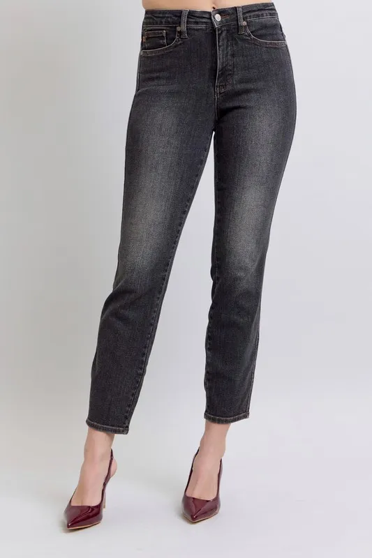 Blue Full Size Midi Rise Tummy Control Slim Jeans Plus Size