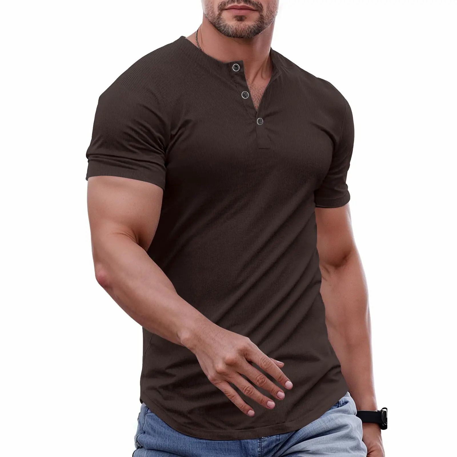Men's Slim Fit Henley T-Shirt – Muscle Fit Longline Crewneck with Button Detail, Gym & Streetwear