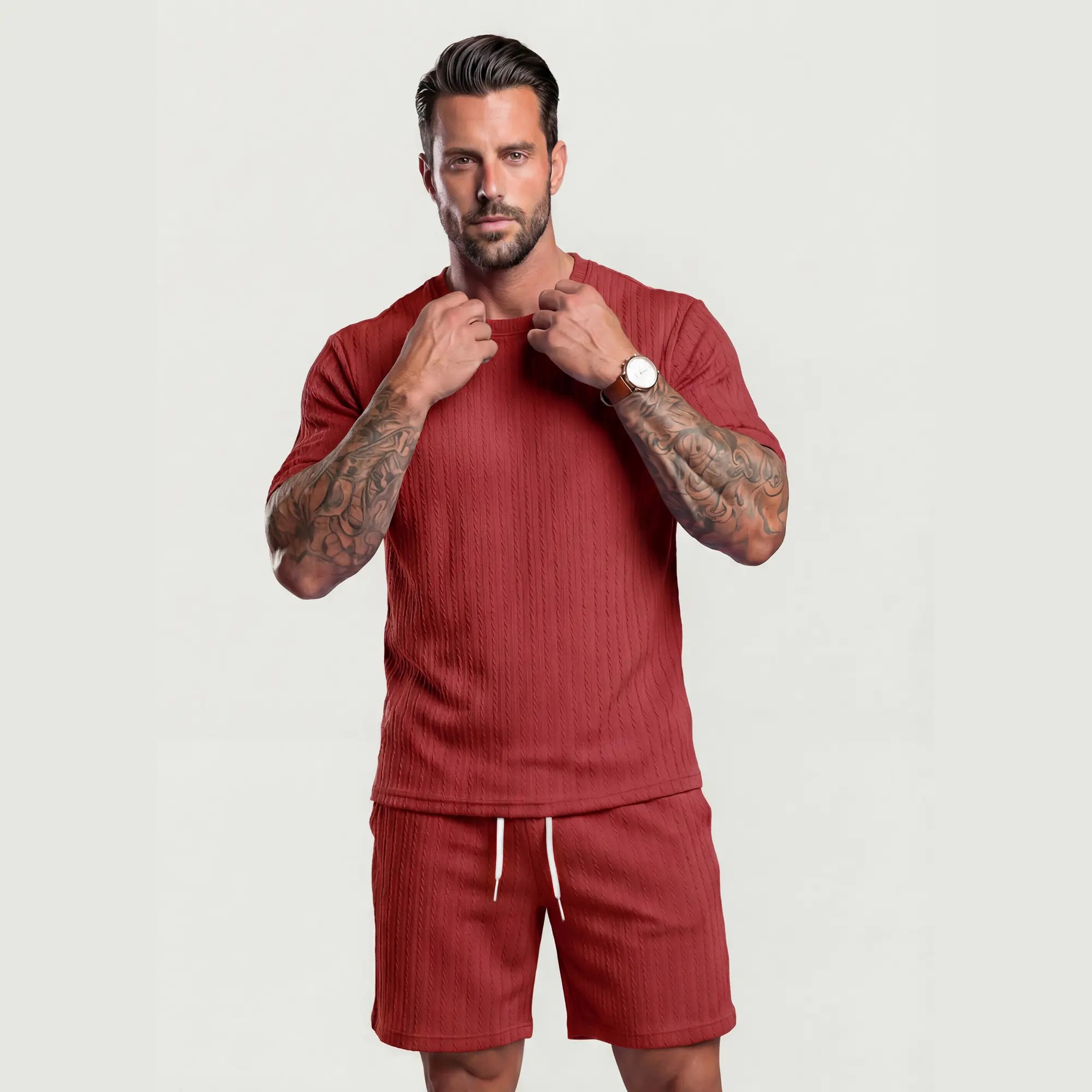 Men's Solid Textured Drop Shoulder Short Sleeve Tee & Drawstring Waist Shorts Set