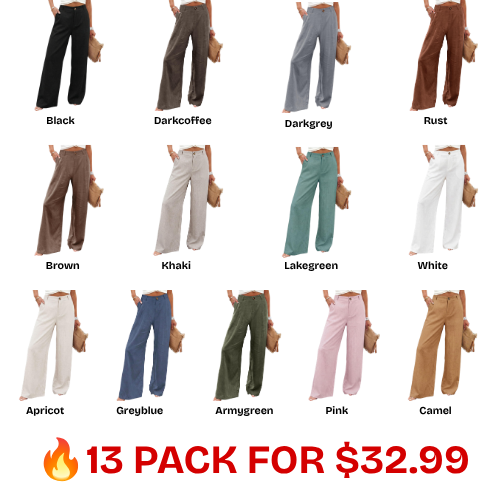 Womens Cotton Linen Pants Casual Button Up High Waisted Wide Leg Trousers