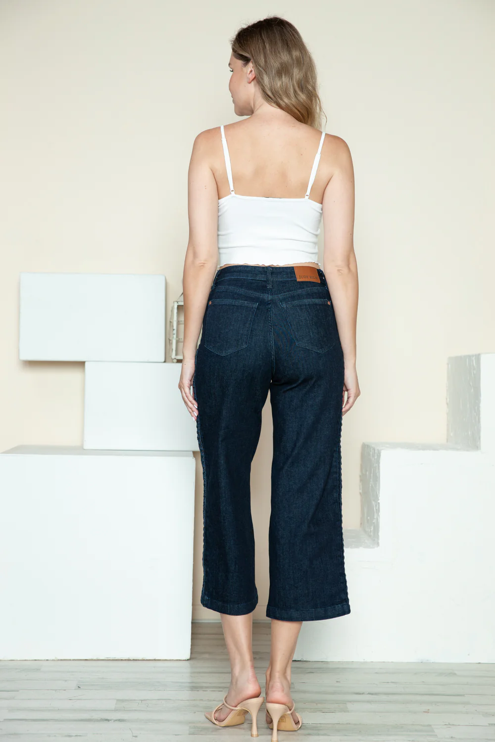 Blue Full Size Side Seam Braid Detail Crop Wide Leg Jeans