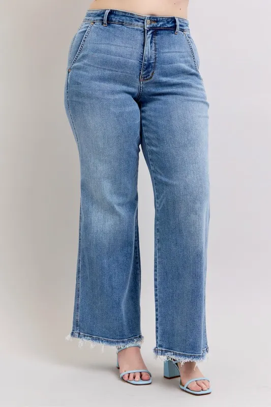 Blue Full Size Raw Hem Wide Leg Jeans Plus Size