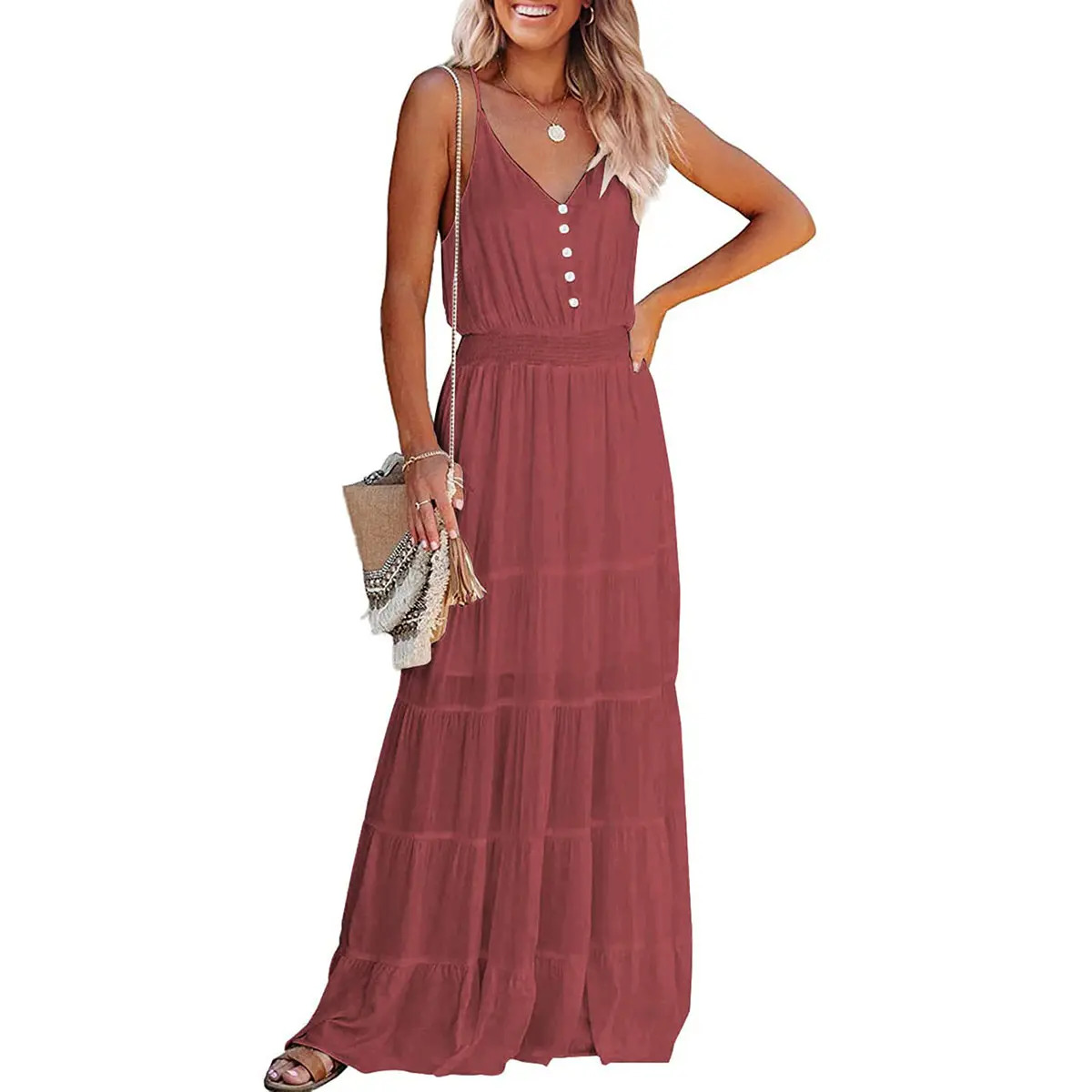 Women's Casual Summer Dress Spaghetti Strap Sleeveless High Waist Beach Long Maxi Sun Dresses