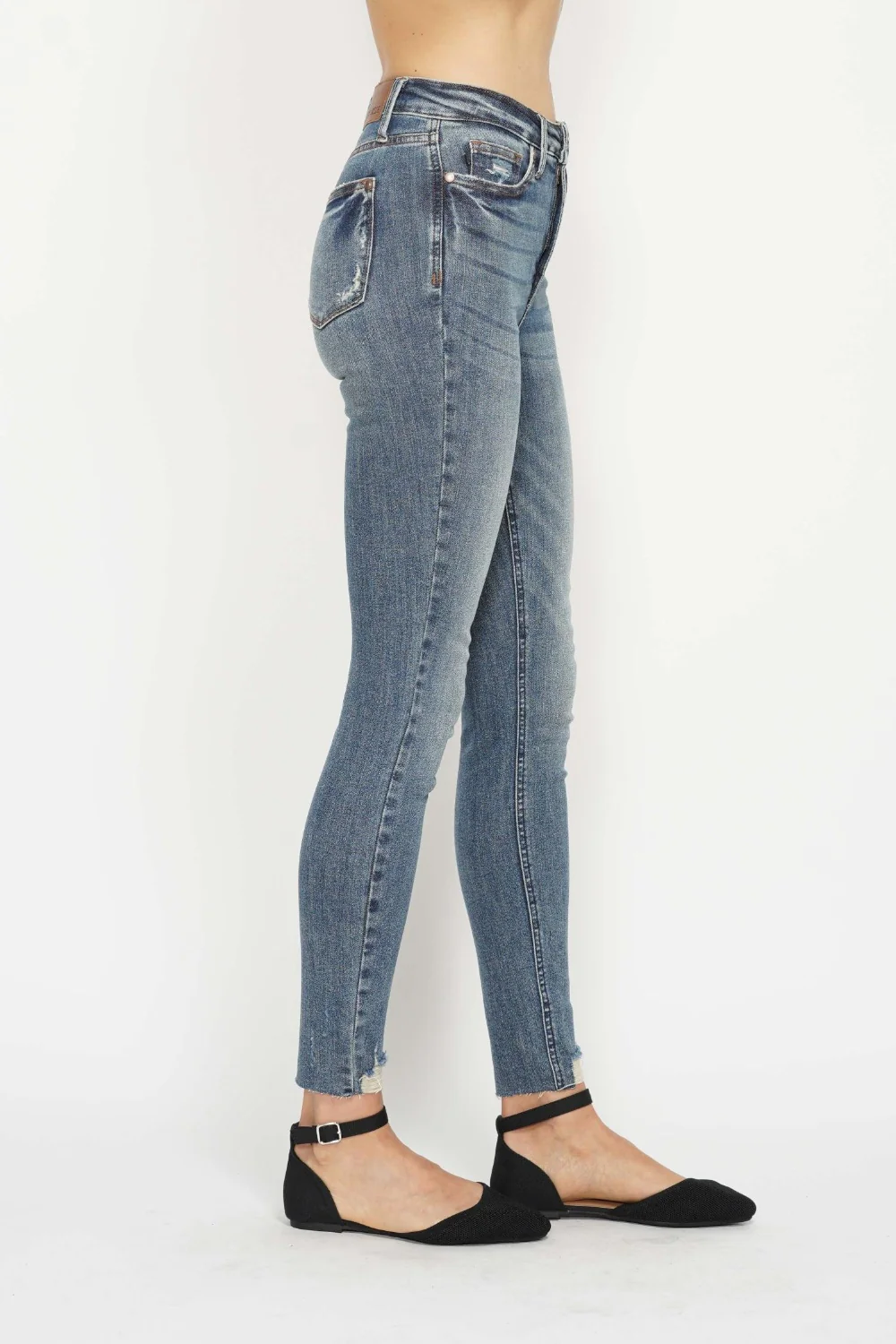 Blue Full Size Tummy Control Vintage Wash Hem Destroy Skinny Jeans