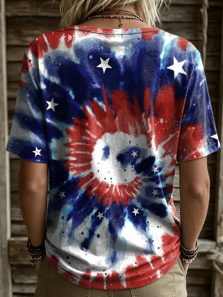 Independence Day Star Stripe Tie-Dye Unisex Retro Art Print Casual T-Shirt