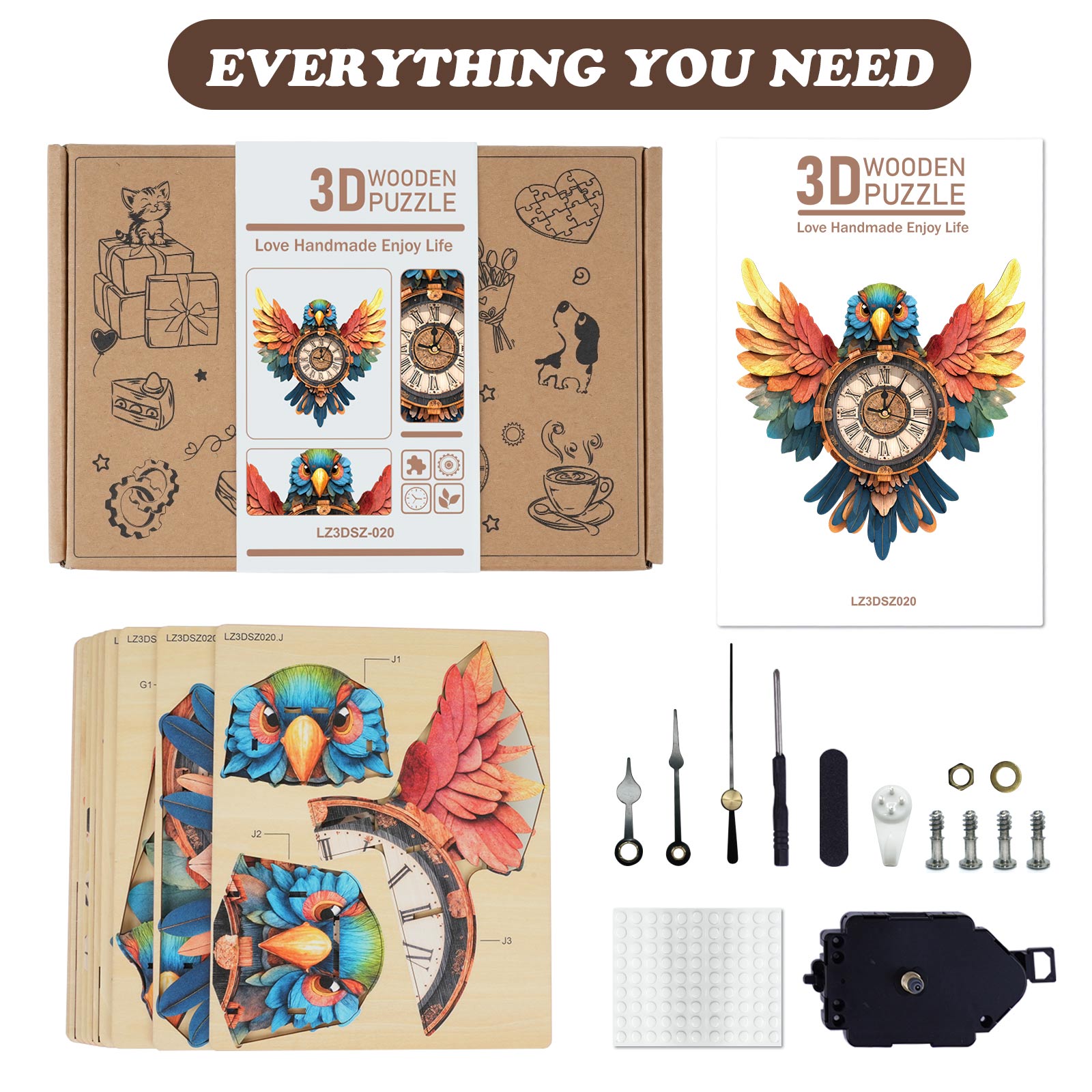 Parrot DIY Wooden Clock, 3D Puzzle Craft Kit