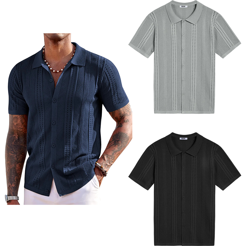 Men's Knit Shirts Short Sleeve Button Down Polo Shirt Fashion Casual Summer Beach Shirts Menswear Top