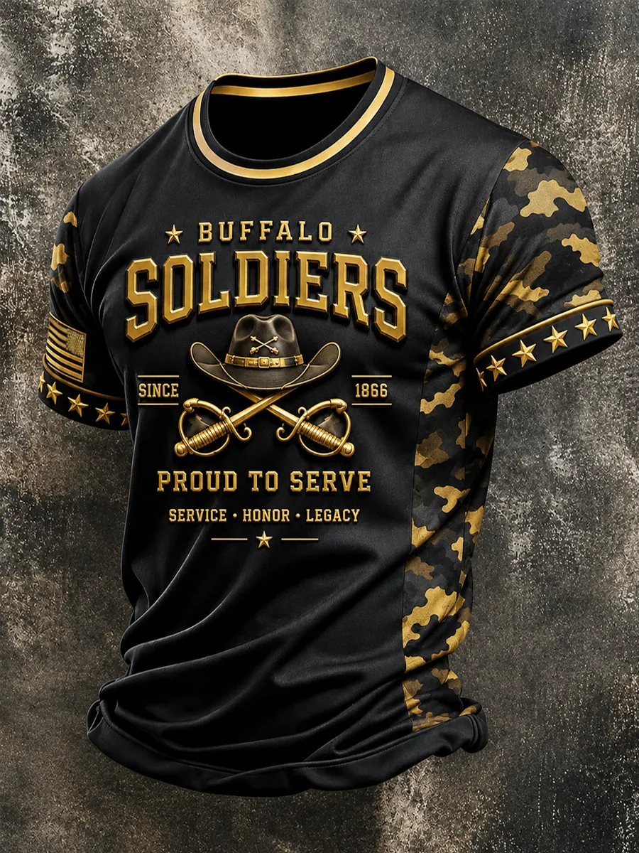 Men's Retro Buffalo Soldier Print Casual T-Shirt