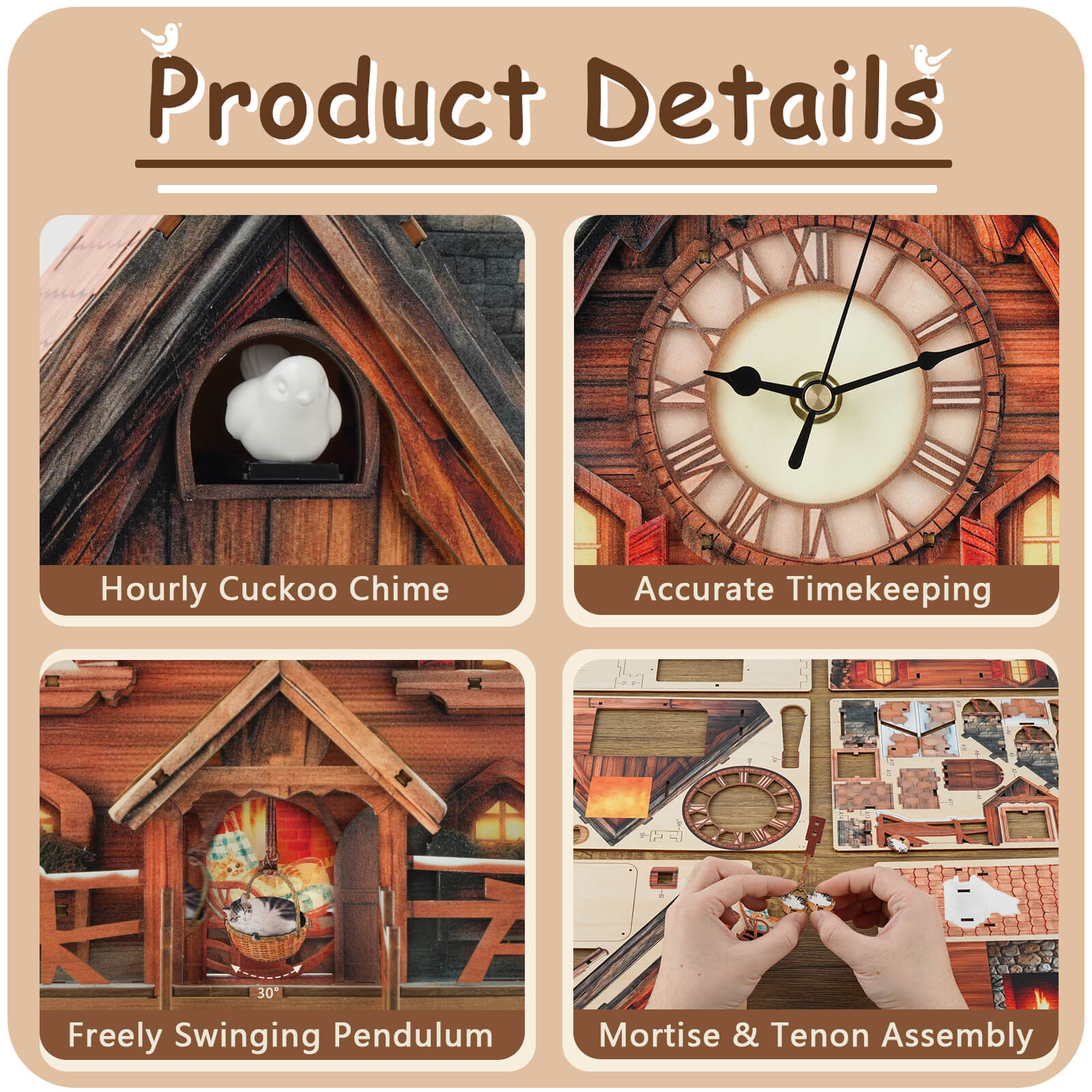 Cuckoo Chiming Swiss Chalet DIY Wood Clock, 3D Puzzle Kit