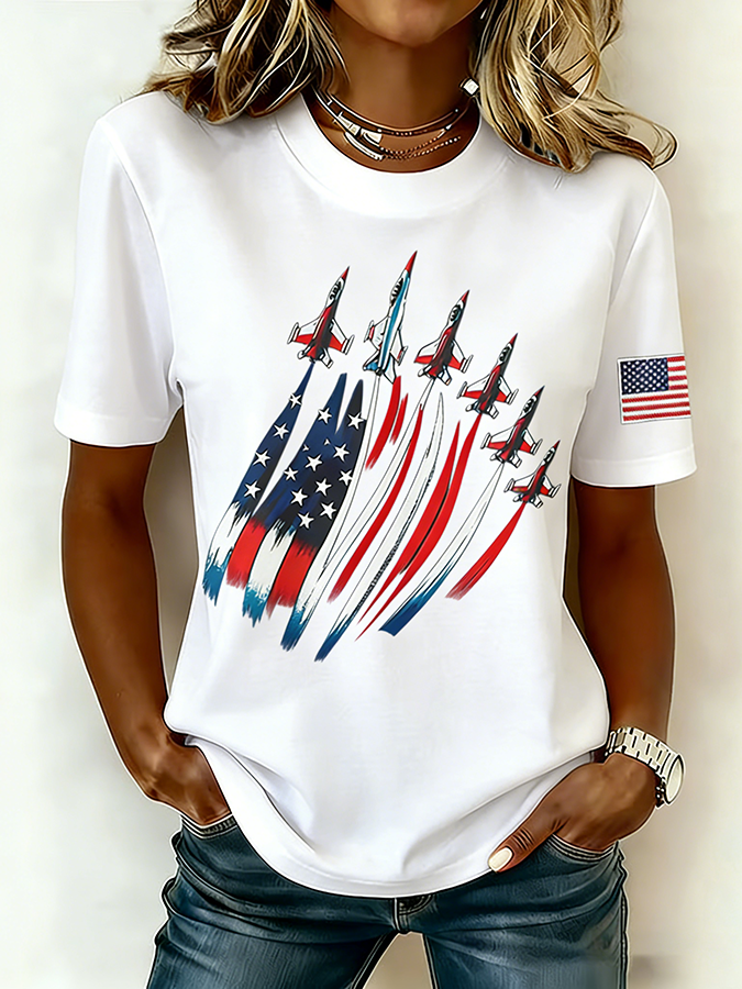 Women'S Retro American Independence Day Commemorative Printed Round Neck T-Shirt