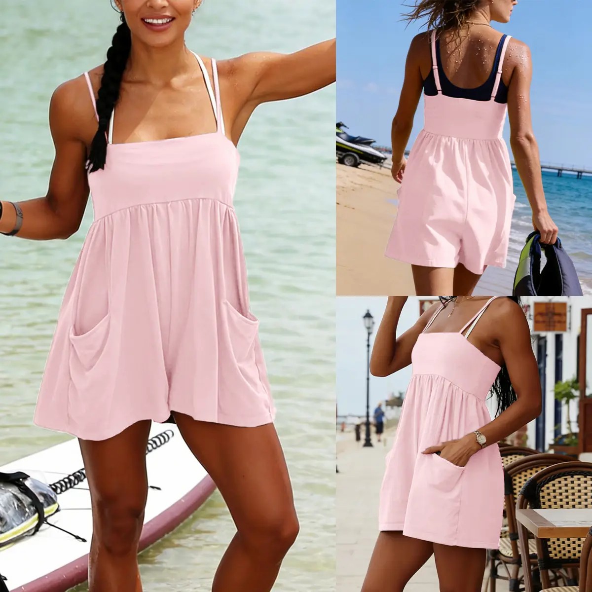 Women's Square Neck Backless Romper – Oversized Cotton Jumpsuit with Pockets & Adjustable Straps