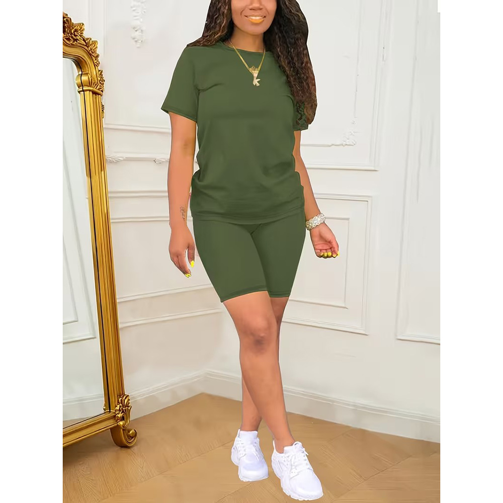 Two-Piece Set Fitted Plain Round Neck Tee & Skinny Shorts Set