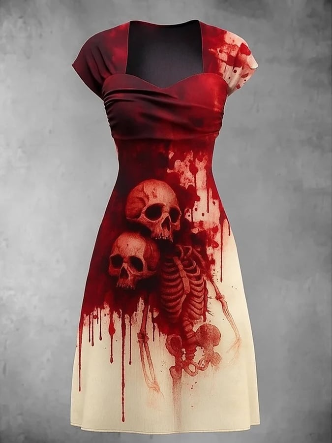 Women's Retro Skull Art Print V Neck Dress