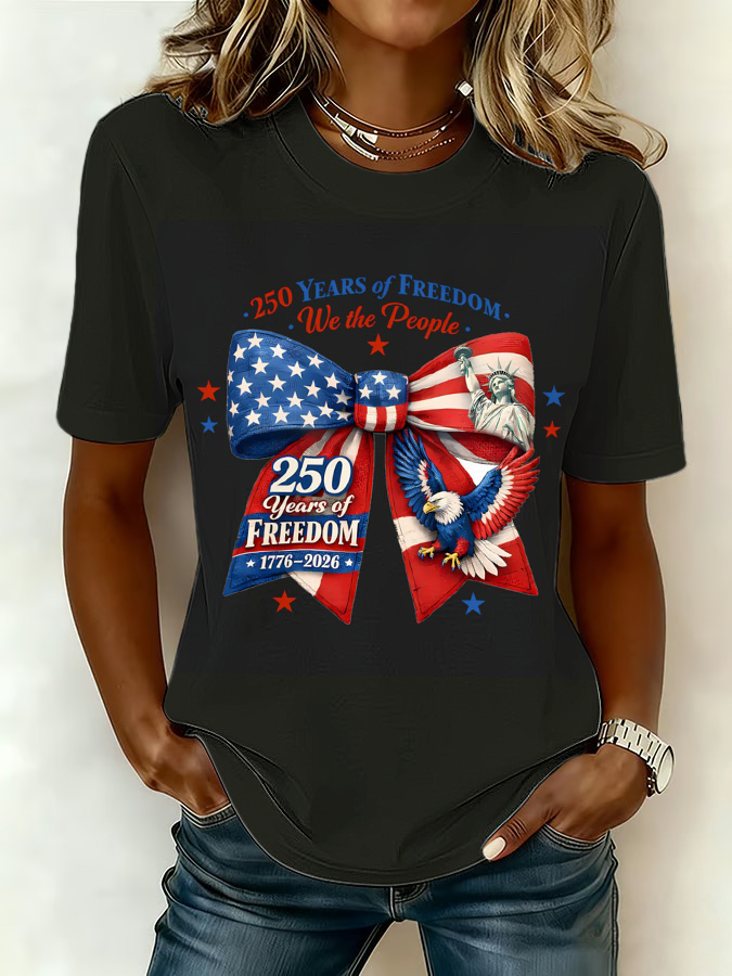 Ladies' Casual American 1776-2026 Anniversary Celebration Print Round Neck T-Shirt