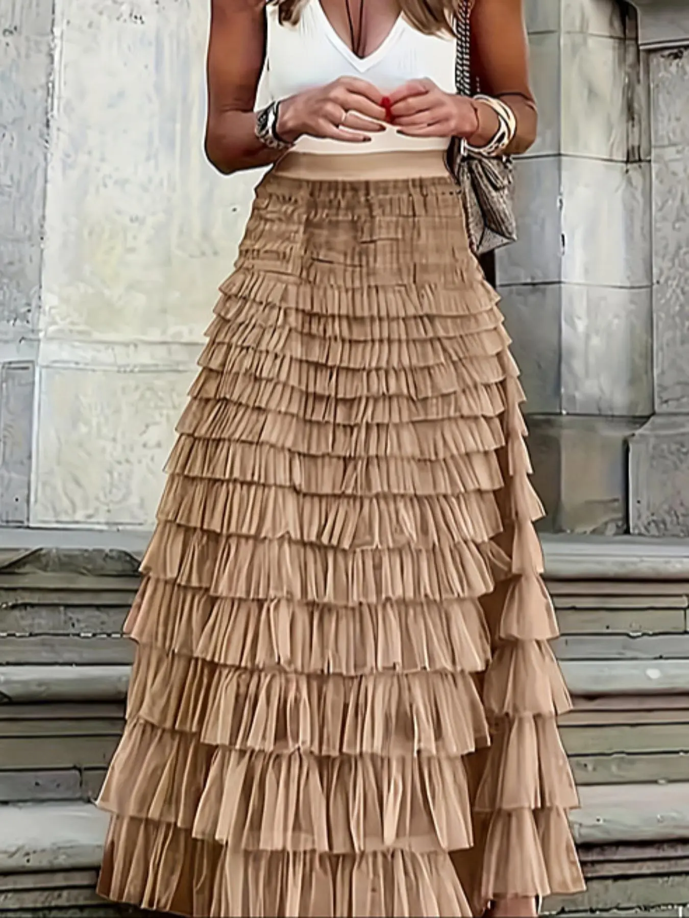 Women's Plain Ruffle Hem Tiered Layer Knit Skirt