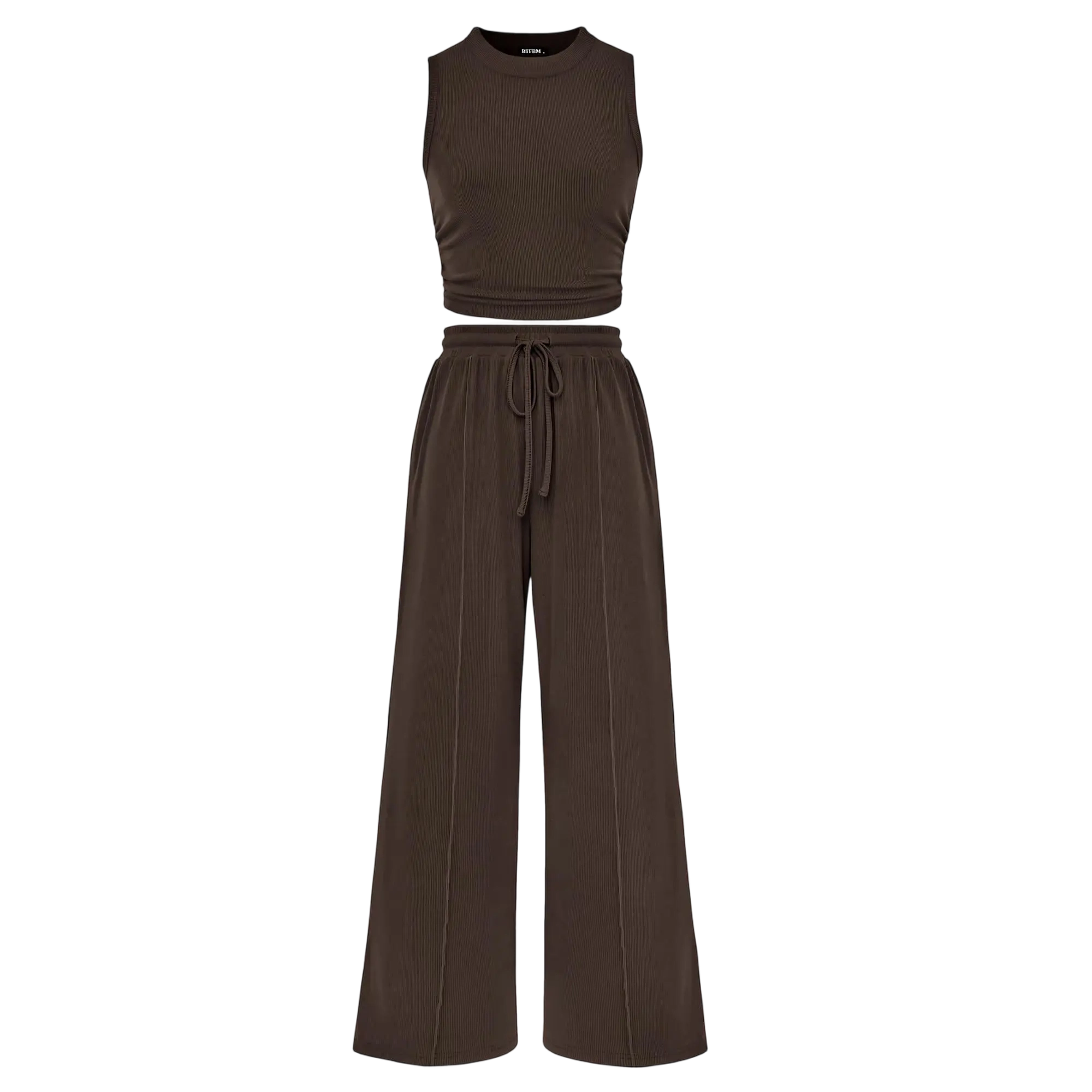 Women's Summer Two-Piece Set — Ribbed Knit Crew Neck Sleeveless Cropped Top
