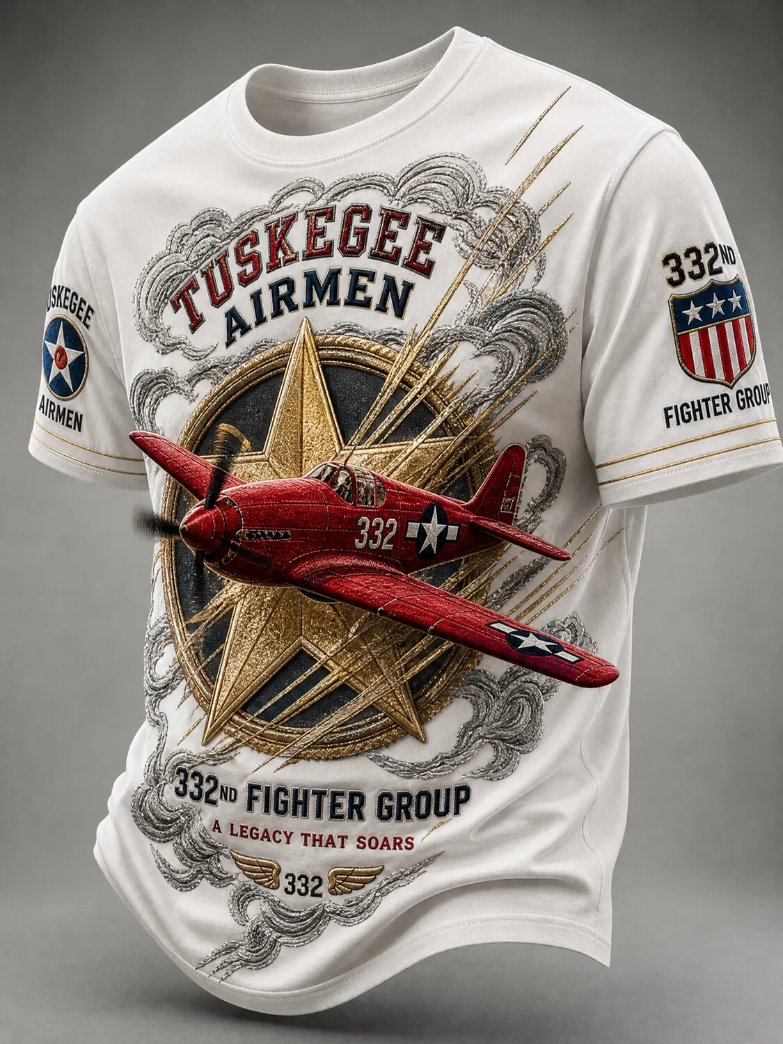 Men's Vintage Tuskegee Airmen 332 Fighter Plane Print Casual T-Shirt