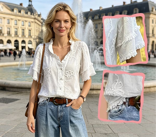 Women's Puff Sleeve Fringed Hem Blouse V Neck Button Regular Fit Casual Solid Spring Summer Top