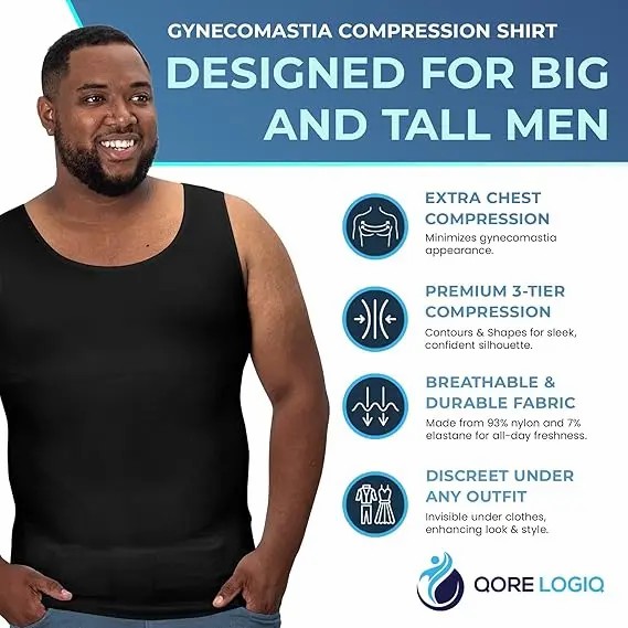 Men’s Tall Fit Compression Shapewear Clothing Shirt - Tummy Control Slimming Undershirt
