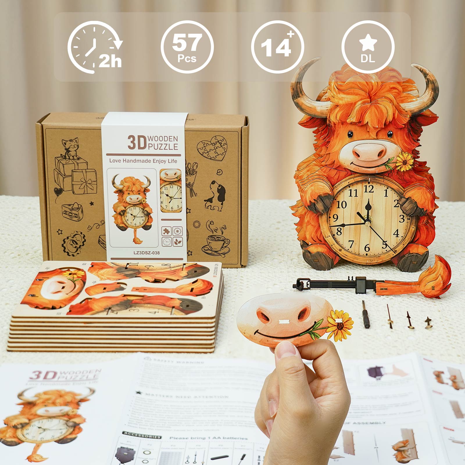Highland Cattle DIY Wooden Clock, 3D Puzzle Craft Kit