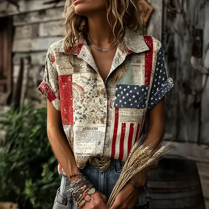 American Flag Elements And Floral Patterns Retro Casual Linen Shirt
