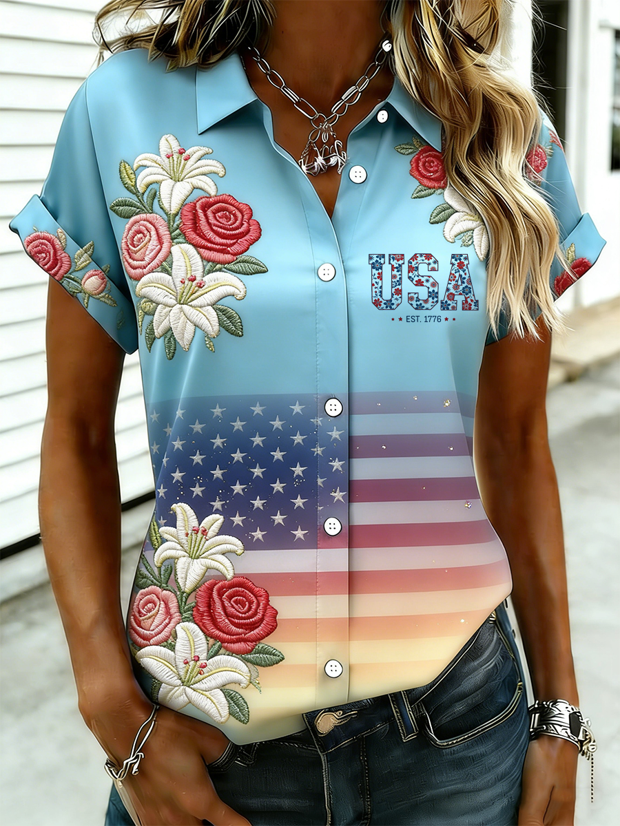 USA EST.1776 Floral & American Flag Gradient Button Down Shirt