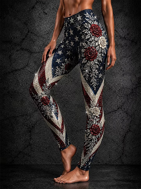Women's Independence Day Floral Striped Print Casual Leggings