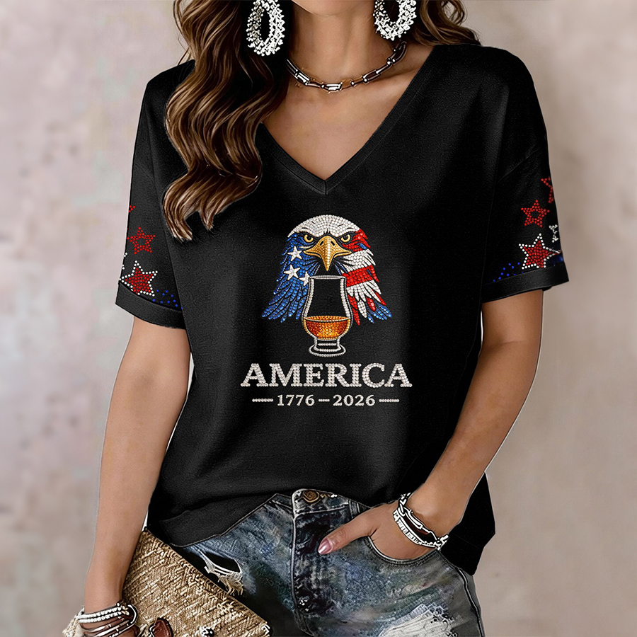 Women's America 1776-2026 Rhinestone Pattern V-Neck T-Shirt