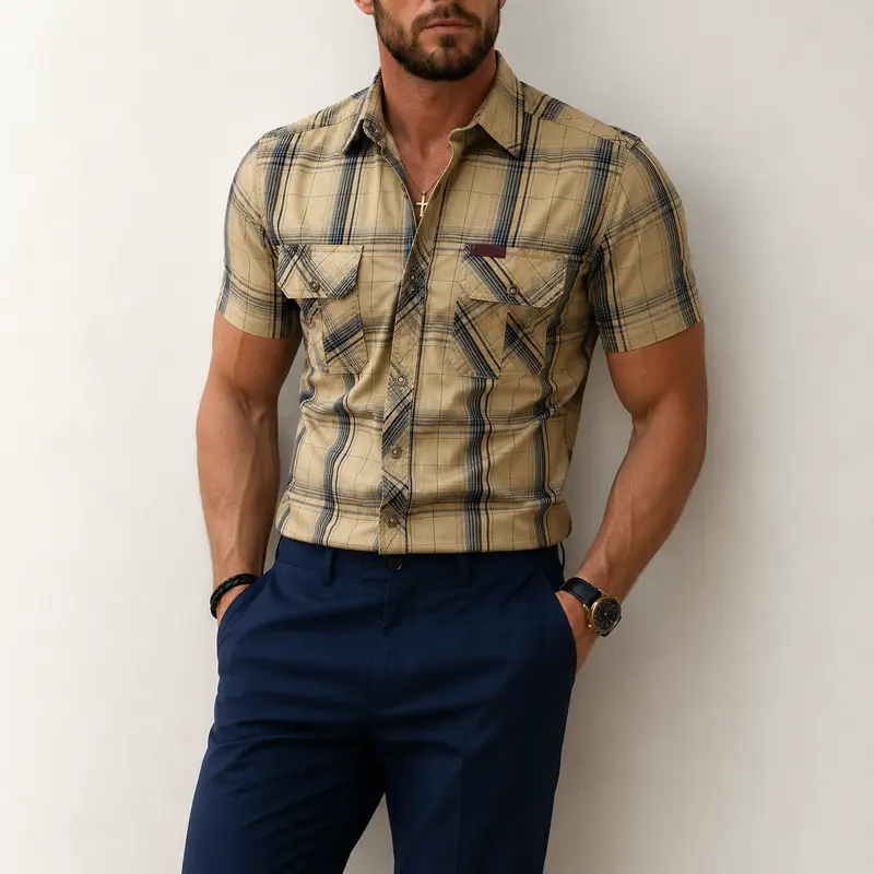 Men's Summer 100% Pure Cotton Plaid Short-Sleeve Shirt