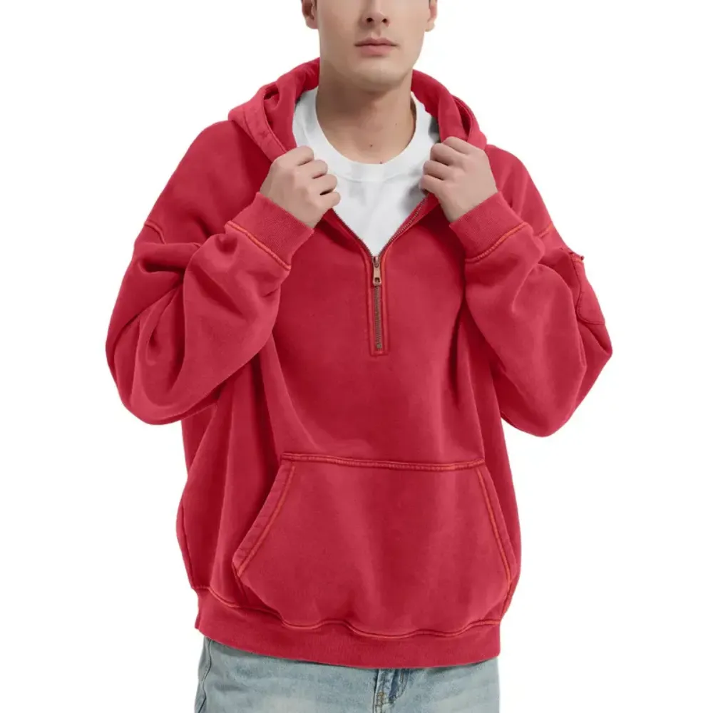 Unisex Vintage Acid Washed Half Zip Fleece Hoodie