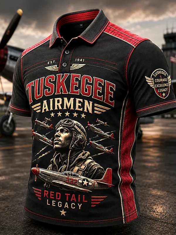Men's Retro Tuskegee Airmen Red Tail Legacy Print Short Sleeve Polo Shirt