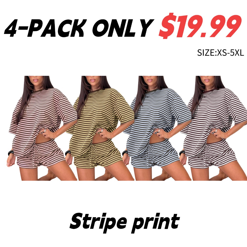 Women's Striped Two-Piece Set | Loose T-Shirt + Drawstring Shorts