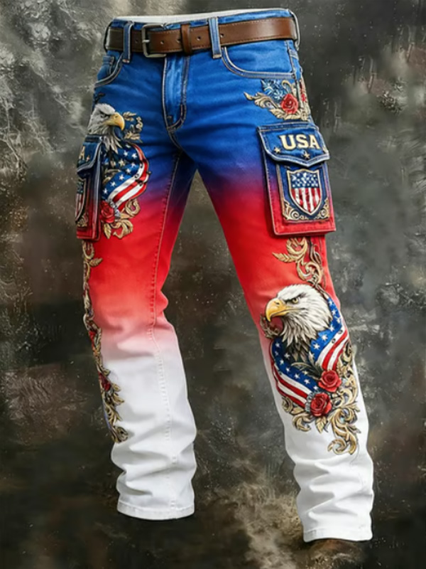 Men's USA Flag Bald Eagle Color Block Print Casual Denim-Like Pants