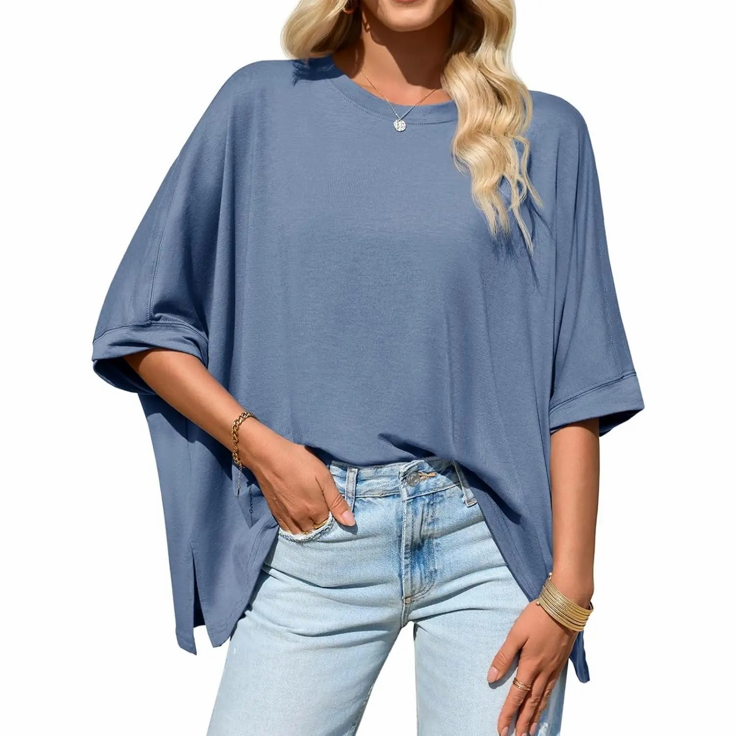 Women's Oversized Batwing Sleeve T-Shirt – Asymmetric Hem Loose Fit Tunic Top